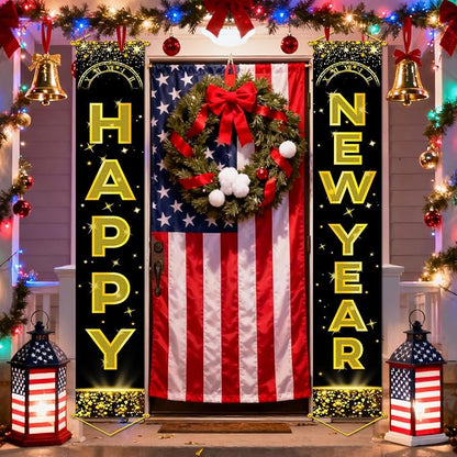 Upgraded, Ideal New Years Eve Party Supplies 2026, 300D Premium Happy New Year Banner, Large 71x12in (with 2pcs Golden hanging rod) Classic Design, HQ Fabric, HD Printing, for New-Years Decorations