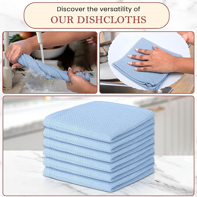 Vintage Vista 100% Cotton Waffle Dish Cloths (Pack of 6) - Dish Rags for Washing Dishes - Reusable & Highly Absorbent Kitchen Towels - Kitchen Rags for Christmas - (12" x 12" - Light Blue)