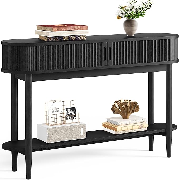 LINSY Fluted Console Table with Storage, Entryway Table Wood Entrance Tables for Front Door, Behind Couch Sofa Table with Shelves, Foyer Tables for Hallways, Living Room (Black)