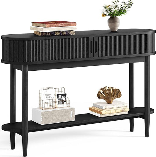 LINSY Fluted Console Table with Storage, Entryway Table Wood Entrance Tables for Front Door, Behind Couch Sofa Table with Shelves, Foyer Tables for Hallways, Living Room (Black)
