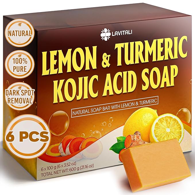 LaVitali, Premium 6 Bars Kojic Acid Soat with Lemon Turmeric, Natural soap, Handmade, Sugar/Caffeine/Gluten Free, 100% Natural & Pure, Great For All Skin Types Body Care Body Wash