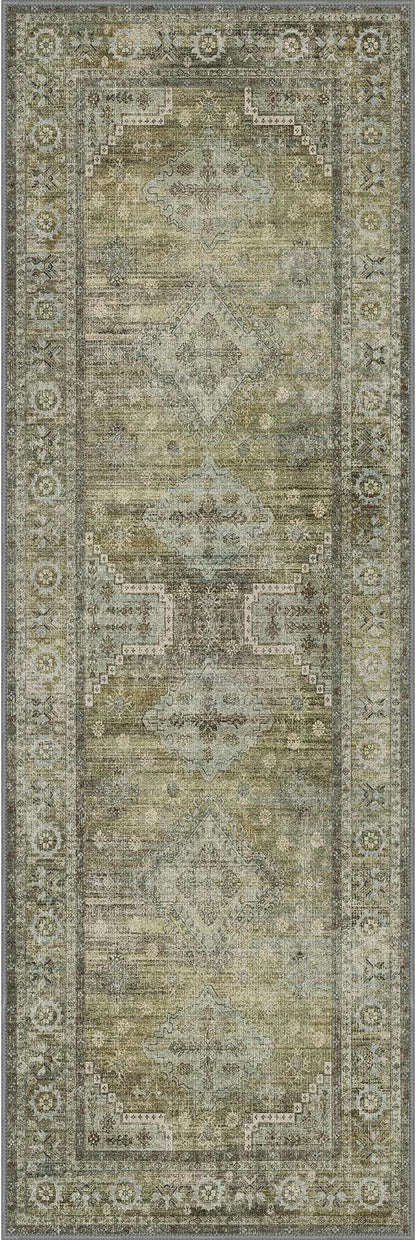 GENIMO Runner Rug 2x6 Non Slip Machine Washable Vintage Hallway Runner Rugs, Low Pile Lightweight Mat for Living Room, Entryway, Bedroom, Kitchen and Corridor, Distressed Sage