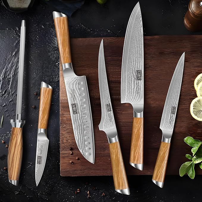 Knife Set with Block 7-Piece, Professional 67-layer Damascus Super Steel Kitchen Knife Sets for Cooking, Ultra Sharp Knife Set with Sharpener