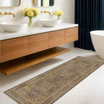 Non Slip 2x7 Gold Brown Bathroom Runner Rugs - Washable Long Runner for Kitchen, Hallway, Indoor Floor Mat, Bedroom Bedside - Brown Earthy Vintage Floral Décor