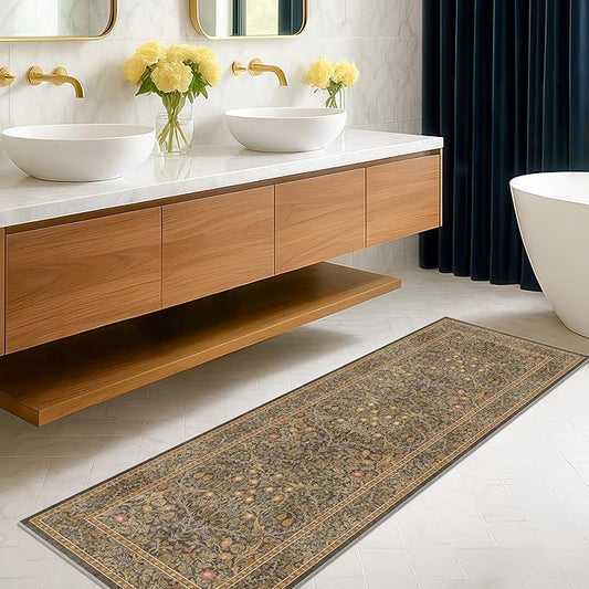 Non Slip 2x7 Gold Brown Bathroom Runner Rugs - Washable Long Runner for Kitchen, Hallway, Indoor Floor Mat, Bedroom Bedside - Brown Earthy Vintage Floral Décor