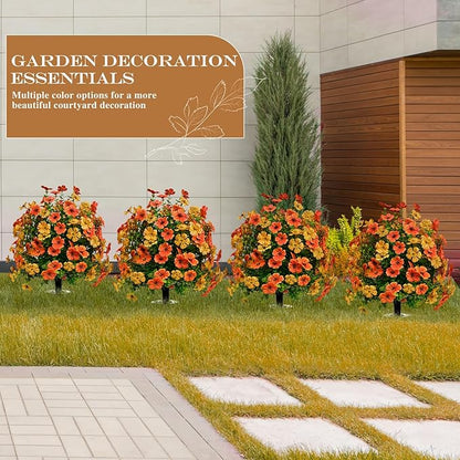 23" Set of 2 Artificial Boxwood Topiary Flowers Ball with Spikes for Outdoor Fall Decorations, Faux Greenery Shrubs,Fake Bushes Plants for Garden, Yard, Front Porch, Patio（Orange Green ）