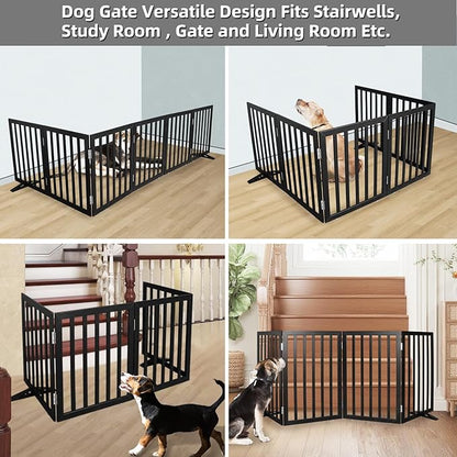 Dog Gate Indoor, Freestanding Dog Fence for The House, Doorways, Hallways,or Stairs,Pet Gate Foldable Wooden,Expandable 32" Height 6 Panels,Black