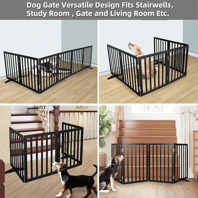 Dog Gate Indoor, Freestanding Dog Fence for The House, Doorways, Hallways,or Stairs,Pet Gate Foldable Wooden,Expandable 24" Height 6 Panels,Black