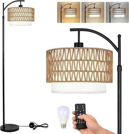 Arc Black Floor Lamp for Living Room with Remote,Dimmable LED Floor Lamp with 3 Color Temperature,Farmhouse Boho Standing Lamp with Rattan Wicker Shade,Adjustable Tall Lamp for Bedroom Office Corner