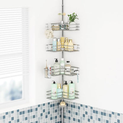 HapiRm Corner Shower Caddy Organizer - Shower Organizer Corner with Soap Holder, Toothbrush Holder and 4 Hooks, Rustproof Bathroom Shelf Tension Pole Available for 27.6 to 108.3 Inch - Silver