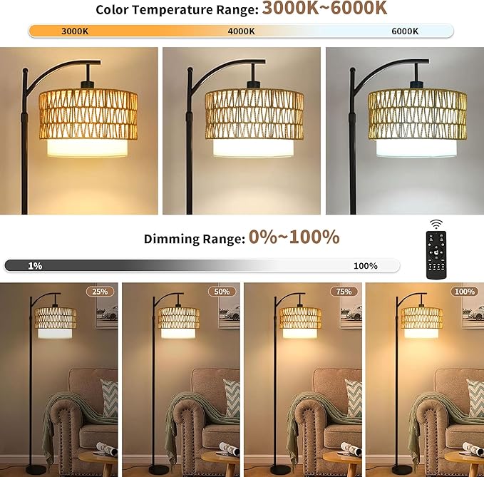Arc Black Floor Lamp for Living Room with Remote,Dimmable LED Floor Lamp with 3 Color Temperature,Farmhouse Boho Standing Lamp with Rattan Wicker Shade,Adjustable Tall Lamp for Bedroom Office Corner