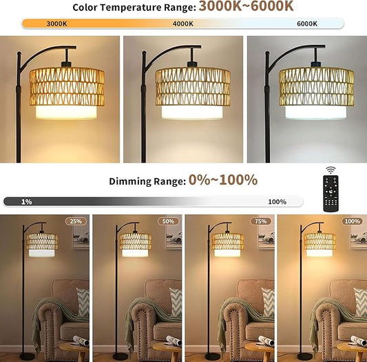 Arc Black Floor Lamp for Living Room with Remote,Dimmable LED Floor Lamp with 3 Color Temperature,Farmhouse Boho Standing Lamp with Rattan Wicker Shade,Adjustable Tall Lamp for Bedroom Office Corner