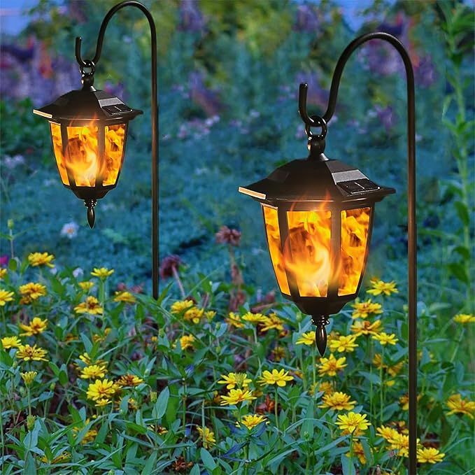 Dynaming 6 Pack Solar Flame Hanging Lights Outdoor, Solar Flickering Flame LED Garden Lanterns with 6 x 38 Inch Shepherd Hooks, Landscape Lighting Waterproof for Lawn Patio Yard Pathway Driveway