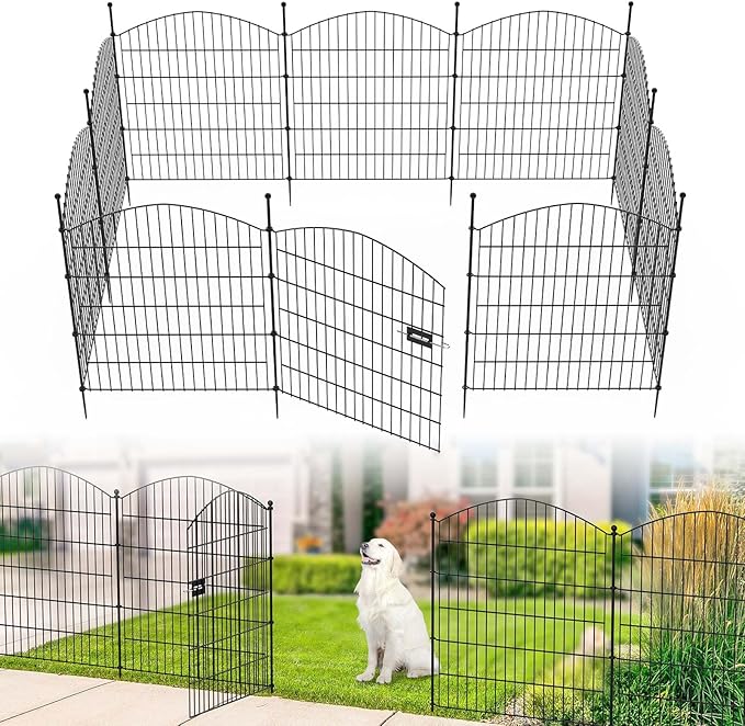 Kingsyard 23.3ft(L) x32in(H) Garden Fences with Gate, 10 Panels No Dig Decorative Outdoor Garden Fence Animal Barrier, Rustproof Garden Fencing and Borders for Dog, Rabbits, Temporary Fencing Stakes
