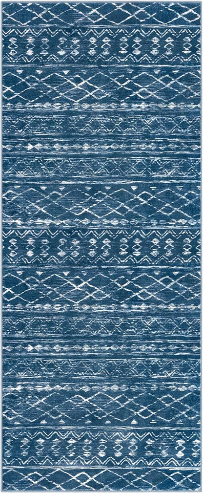 KUTA Moroccan Washable Hallway Runner Rug, 2x6 Non-Slip Vintage Blue Boho Rugs Kitchen Runners Ultra Soft Distressed Geometric Floor Carpet for Bedroom Laundry Living Room