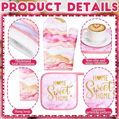 10 Pcs Christmas Marble Farmhouse Kitchen Decor Accessories Set Marble Kitchen Dish Towels Rugs Oven Mitts and Pot Holders Sets for Cooking Baking Daughter Mom Gift(Pink)