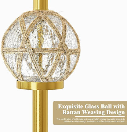 Oneach 61.5” Modern Floor Lamp for Living Room, Gold Boho Standing Lamp with Rattan Glass Design, Rotary Switch, Farmhouse Tall Lamps for Bedroom Office Dining Room (Without Bulb)