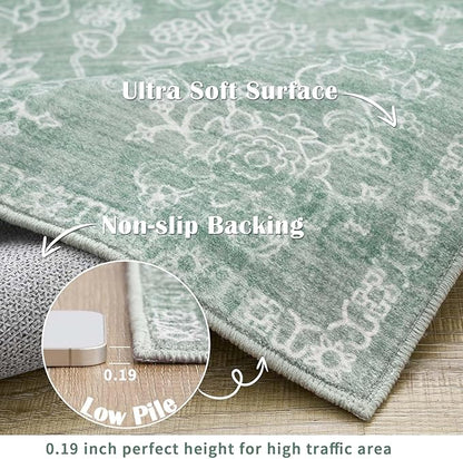 jinchan 2x3 Washable Rug for Entryway - Kitchen Mats Vintage Floral Ultra-Thin Low Pile Soft Throw Small Non-Slip Distressed Doormat Accent Rug for Entrance Bathroom Bedroom (2'x3',Green)