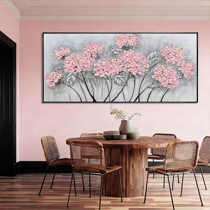 SOUGUAN Flower Wall Art Pink Wood Wall Decor Botanical Oil Painting 32"x70" Large Artwork for Bedroom Canvas Paintings for Office
