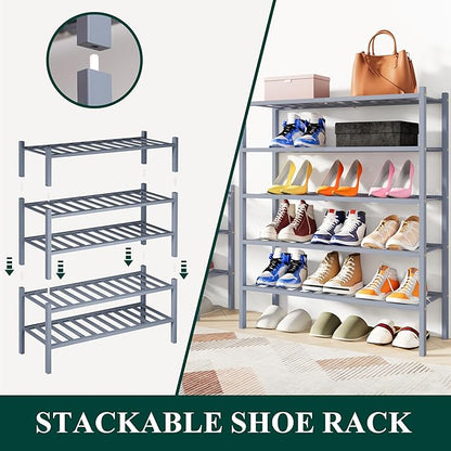 Smiry Shoe Rack, 5 Tier Bamboo Shoe Organizer, Stackable Free Standing Wooden Shoe Storage Shelf for Closet, Entryway, Front Door Entrance, Grey