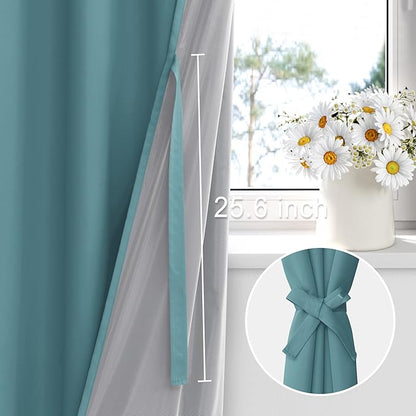XWZO 100% Blackout Curtains - Thermal Insulated Black Liner Curtains, Noise Reducing and Heat Blocking Drapes for Hall and Studio Windows with Tiebacks, Stone Blue, W42 x L72, Set of 2