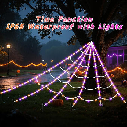 Halloween Spider Giant Web Lights: 350 LED Lighted Giant 23 Ft Halloween Decorations Light up with 8 Lighting Modes Outdoor Indoor Yard House Decor, Purple & Orange (350LED 23FT Giant Spider Web)