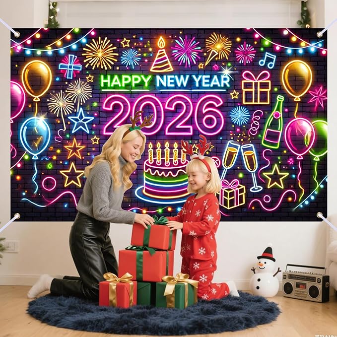 Nuxovilar Graffiti - Style Happy New Year 2026 Banner - Festive Party Decorations Backdrop with Balloons Cake, 71x43 Inch
