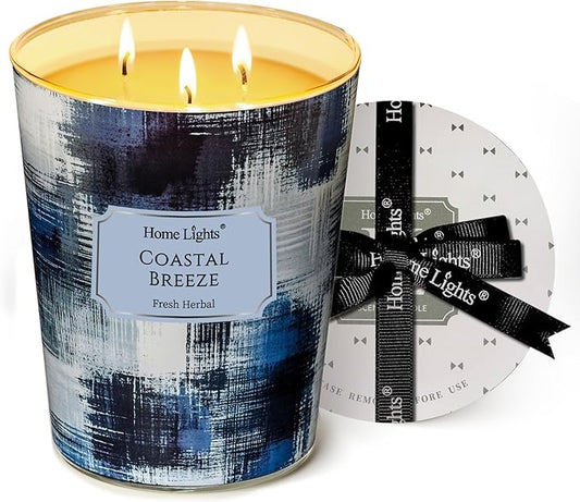 HomeLights Scented Candles | Large Jar 34 Oz Natural Soy Candle | 130 hrs Long-Lasting with 3 Wicks | Scandinavian Minimalist Home Decor | Gifts for Mom & Women, Coastal Breeze
