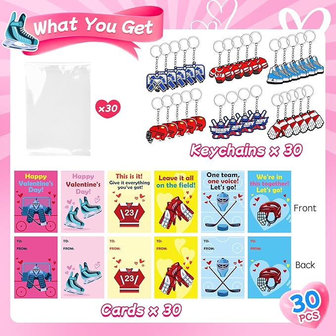30 Pcs Valentine’s Gift Ice Hockey Keychains Bulk With Greeting Cards for Kids Sports Key Chain Party Favors School Classroom Gifts Exchange Hockey Goodie Bags Stuffers for Boys and Girls
