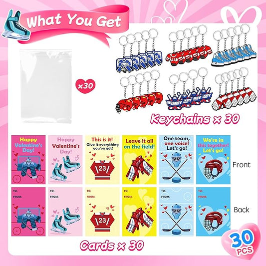 30 Pcs Valentine’s Gift Ice Hockey Keychains Bulk With Greeting Cards for Kids Sports Key Chain Party Favors School Classroom Gifts Exchange Hockey Goodie Bags Stuffers for Boys and Girls