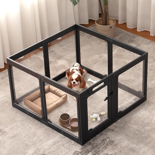 Acrylic Dog Playpen Indoor, Clear Dog Play Pen for Puppies and Small Dogs, Easy Assembly & Clean Puppy Pen (23.6", 8 Panels, Black)
