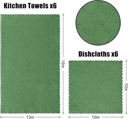 Homaxy Kitchen Towels and Dishcloths Set, 10 x 10 and 13 x 19 Inches, Set of 12 Super Soft and Absorbent Coral Velvet Kitchen Towels, No Lint and Nonstick Oil Fast Drying Dish Towel, Grass Green