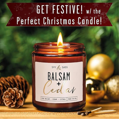 Balsam Candle, Christmas Candles Scented - 'Balsam + Cedar' Soy Candle, w/Balsam Fir, Cedar & Citrus - Infused with Essential Oils I Balsam Fir Candles I 9oz, 50Hr, Made in USA