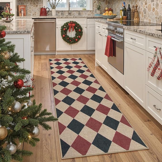 Lahome Christmas Runner Rug, 2x8 Christmas Kitchen Decor Checkered Non Slip Entryway Runner Rug, Checkerboard Red and Black Indoor Outdoor Xmas Decorations for Hallway 8ft Entry Bathroom