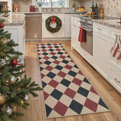 Lahome Christmas Runner Rug, 2x8 Christmas Kitchen Decor Checkered Non Slip Entryway Runner Rug, Checkerboard Red and Black Indoor Outdoor Xmas Decorations for Hallway 8ft Entry Bathroom