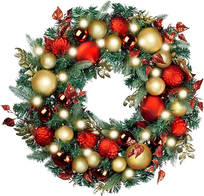 WANNA-CUL Pre-Lit 30 Inch Large Christmas Wreath for Front Door with 50 Led Lights,Luxury Red Gold Lighted Christmas Door Wreath Decor with Ball Ornaments, Battery Operated