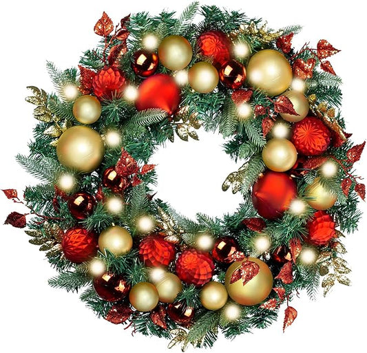 WANNA-CUL Pre-Lit 30 Inch Large Christmas Wreath for Front Door with 50 Led Lights,Luxury Red Gold Lighted Christmas Door Wreath Decor with Ball Ornaments, Battery Operated
