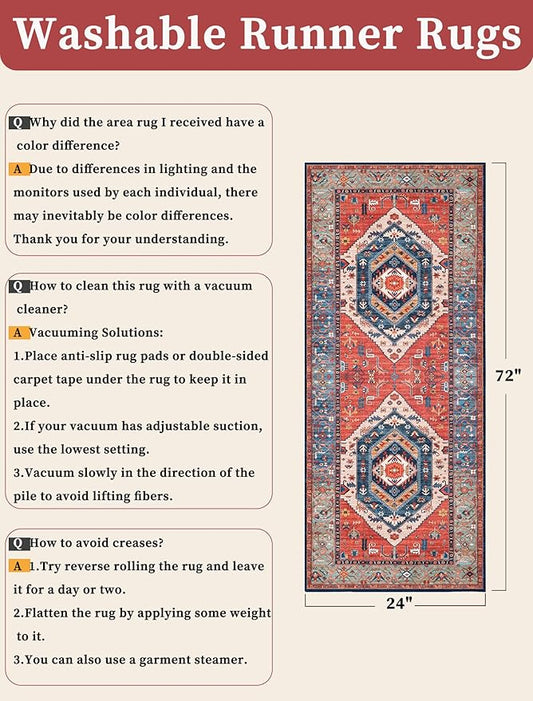 SERISSA Boho Washable Runner Rug, 2x6 Rug Runner Non-Slip Vintage Rust Hallway Kitchen Runner Rug Ultra Soft Print Distressed Tribal Floor Carpet Runner for Bedroom Bathroom Laundry Living Room