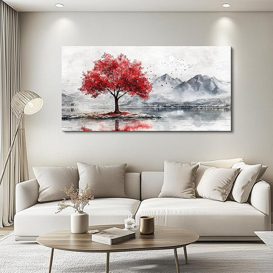 QIYILEXWART Large Wall Decor For Living Room Canvas Wall Art For Office Modern Wall Decorations For Bedroom Red Tree Landscape Painting Farmhouse Pictures Artwork Room Home Decor 24x48 In
