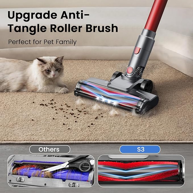 S3 Cordless Vacuum Cleaner, 45kPa Powerful Vacuum Cleaners for Home, 55-Min Runtime Rechargeable Stick Vacuum, Self-Standing, for Pet Hair Carpet Hard Floor, LED Display