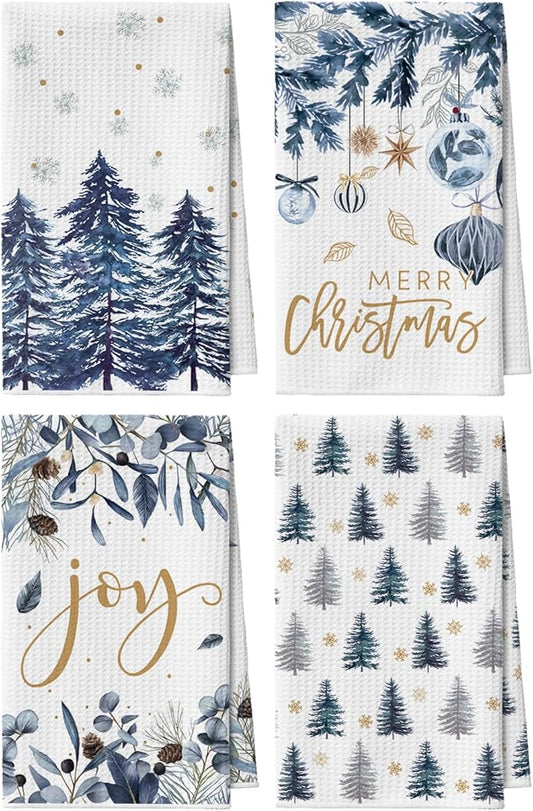 Artoid Mode Blue Xmas Tree Leaves Pinecone Christmas Kitchen Towels, 18x26 Inch Quick Dry Microfiber Cloth Dish Towels for Kitchen Drying Set of 4