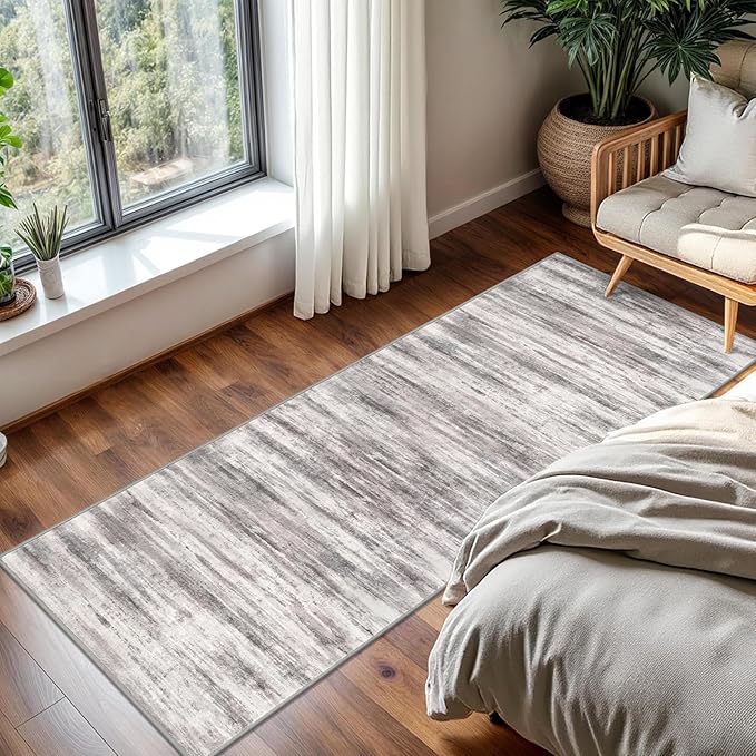 KOZYFLY Modern Abstract Washable Rug Runner 2x5 Hallway Rug Runner Non-Slip Soft Kitchen Runner Rugs, Grey-Beige Striped Carpet for Entryway Bathroom Laundry Room Foyer