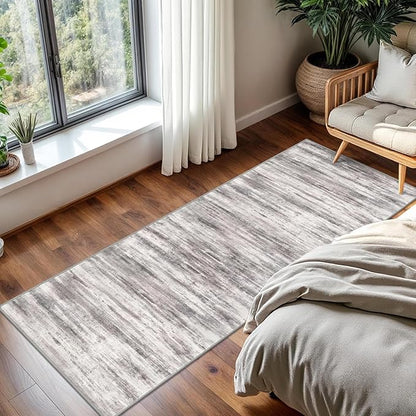 KOZYFLY Modern Abstract Washable Rug Runner 2x5 Hallway Rug Runner Non-Slip Soft Kitchen Runner Rugs, Grey-Beige Striped Carpet for Entryway Bathroom Laundry Room Foyer