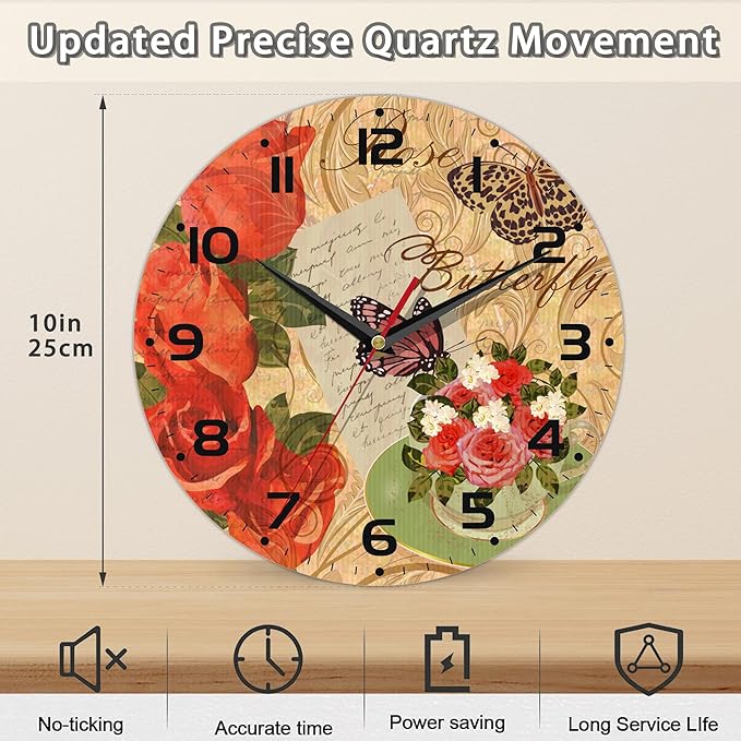 Vintage Rose and Butterfly Wall Clock, Contemporary Home Decor Easy to Read Wall Clock for Living Room, Bedroom, Bathroom and Kitchen, 10 Inch