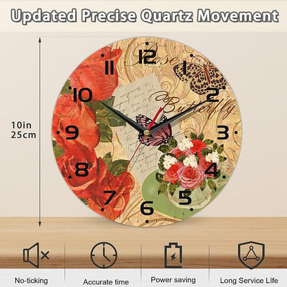 Vintage Rose and Butterfly Wall Clock, Contemporary Home Decor Easy to Read Wall Clock for Living Room, Bedroom, Bathroom and Kitchen, 10 Inch