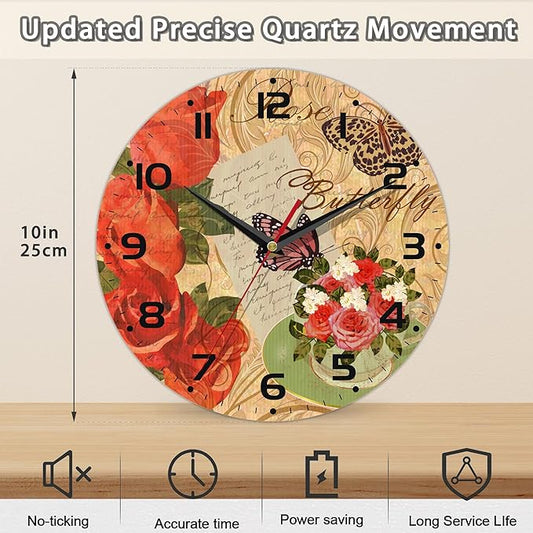 Vintage Rose and Butterfly Wall Clock, Contemporary Home Decor Easy to Read Wall Clock for Living Room, Bedroom, Bathroom and Kitchen, 10 Inch