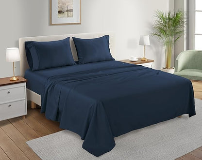 100% Organic Cotton Sheets For King Size Bed, 300 Thread Count Deep Pocket King Sheet Set, Elasticated Sheet & Pillowcase Sets, No Pill & Shrink, Soft & Comfy Naturally Cool & Breathable- Navy