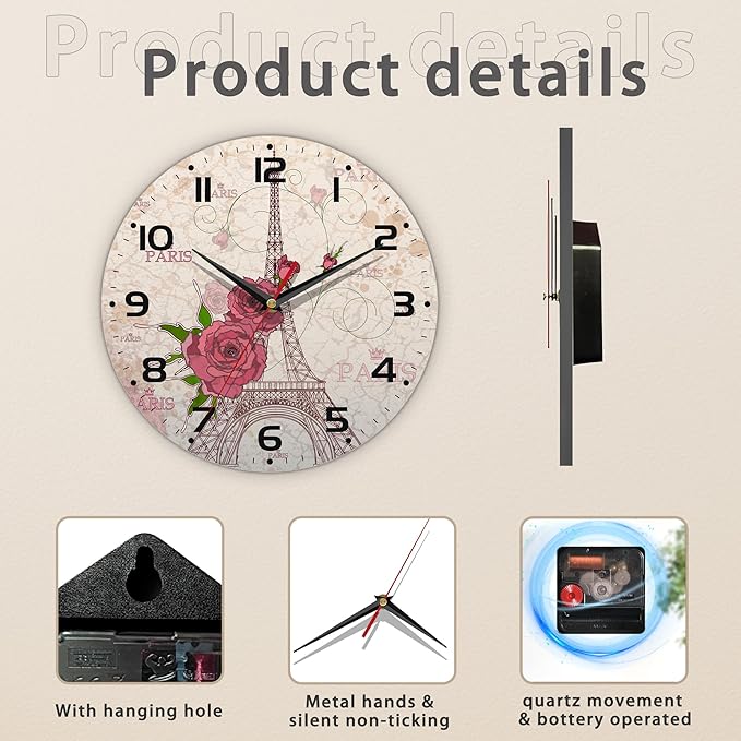 Vintage Eiffel Tower Wall Clock Vintage Wooden Wall Clock Silent Non-Ticking Battery Operated Arabic Numerals Wall Clocks Decorative for Kitchen, Office, Classroom 10 Inch