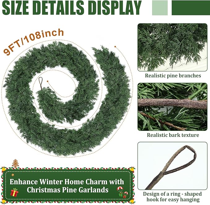 9ft Christmas Cedar Garland, Real Touch Pine Garland, Realistic Cypress Garlands Christmas Decorations for Mantel, Table, Stairs, Porch - Indoor Outdoor Xmas Holiday Decor