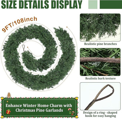 9ft Christmas Cedar Garland, Real Touch Pine Garland, Realistic Cypress Garlands Christmas Decorations for Mantel, Table, Stairs, Porch - Indoor Outdoor Xmas Holiday Decor